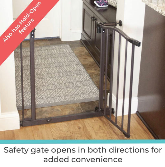 Gate: Decorative heavy duty metal safety gate with one hand operation. Pressure Mount. Fits 28.25"- 38.25" wide (28.5" tall, Bronze)- NEW IN BOX!!!