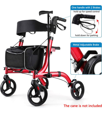 RINKMO Rollator Walkers for Seniors, Aluminum Frame, Red- NEW AND ASSEMBLED!!! (Storage bag not included)