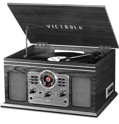 Victrola Nostalgic 6-in-1 Bluetooth Record Player & Multimedia Center with Built-in Speakers - 3-Speed Turntable, CD & Cassette Player, AM/FM Radio, Wireless Music Streaming, Grey wood!! NEW IN BOX!!