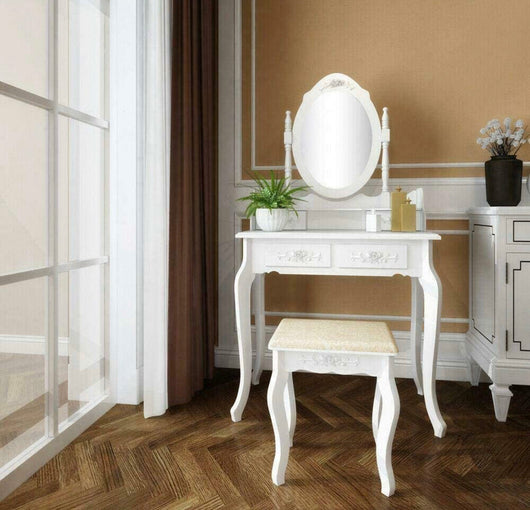 White Vanity Jewelry Makeup Dressing Table Set W/Stool 4 Drawer Mirror Wood Desk- NEW IN BOX!!!!