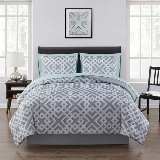 Mainstays Gray Geometric 8 Piece Bed in a Bag Comforter Set With Sheets, Queen**New**