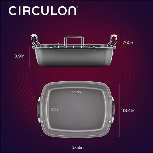 Circulon Nonstick Roasting Pan / Roaster with Rack - 17 Inch x 13 Inch, Gray**New in box**