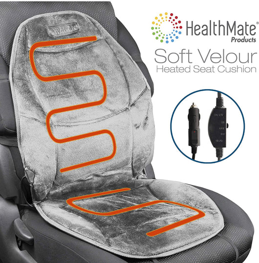 HealthMate IN9438-2 12V Velour Winter Seat Cushion with Lumbar Support, Heating with Easy Controller, Color Gray-