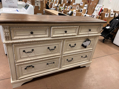 Signature Design by Ashley Realyn French Country 7 Drawer Two Tone Dresser, Chipped White and Realyn French Country 3 Drawer Nightstand with Electrical Outlets & USB Ports, Chipped White!
