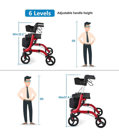 RINKMO Rollator Walkers for Seniors, Aluminum Frame, Red- NEW AND ASSEMBLED!!! (Storage bag not included)