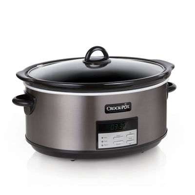 Crockpot 8 Quart Slow Cooker with Auto Warm Setting and Cookbook, Black Stainless Steel**New in box**