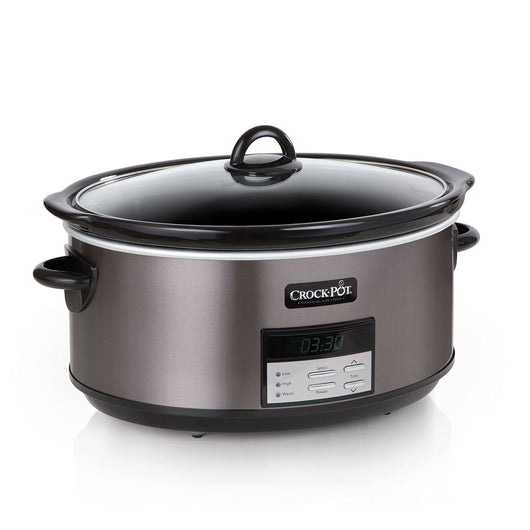 Crockpot 8 Quart Slow Cooker with Auto Warm Setting and Cookbook, Black Stainless Steel**New in box**