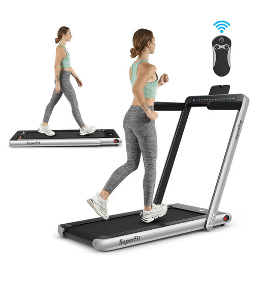 SuperFit 2.25HP 2 in 1 Dual Display Folding Treadmill Jogging Machine W/APP Control Silver- NEW OUT OF BOX!! (Missing Remote)