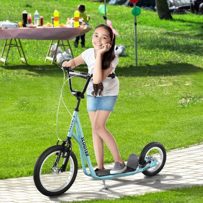 Aosom Teens Youth Scooter Ride On Toy with Adjustable Handlebar, Dual Brakes, and Inflatable Wheels For Kids 5+ - Blue- new and assembled