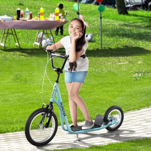 Aosom Teens Youth Scooter Ride On Toy with Adjustable Handlebar, Dual Brakes, and Inflatable Wheels For Kids 5+ - Blue- new and assembled