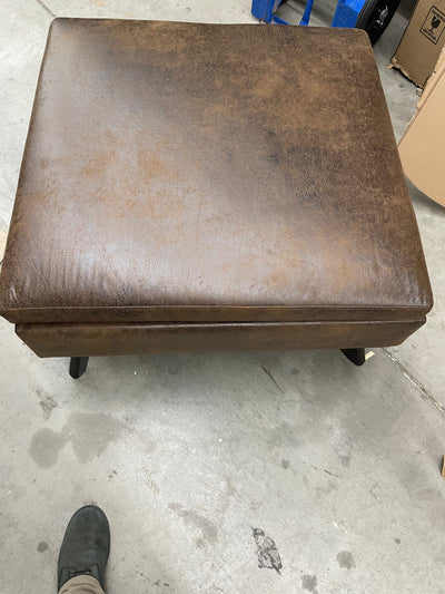 Simpli Home Owen Faux Air Leather Square Coffee Table Ottoman in Chestnut Brown**New and assembled,minor alignment issue shown in photo**