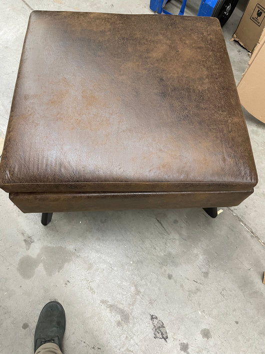 Simpli Home Owen Faux Air Leather Square Coffee Table Ottoman in Chestnut Brown**New and assembled,minor alignment issue shown in photo**
