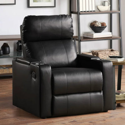 Mainstays Home Theater Recliner with USB charging ports, Faux Leather, Black- NEW AND ASSEMBLED!!!
