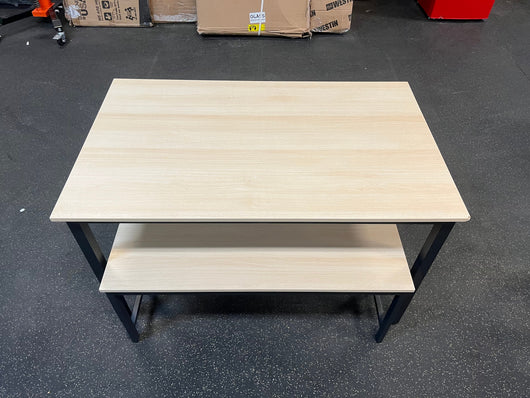 AWQM Dining Table Set for 4, Kitchen Table Set with 2 Benches, 47.2Inch 3-Piece Dining Room Table Set with Metal Frame and MDF Board, Sturdy Structure, Space-Saving, Oak- NEW AND ASSEMBLED!!! (One corner has minor chipped from shipping)