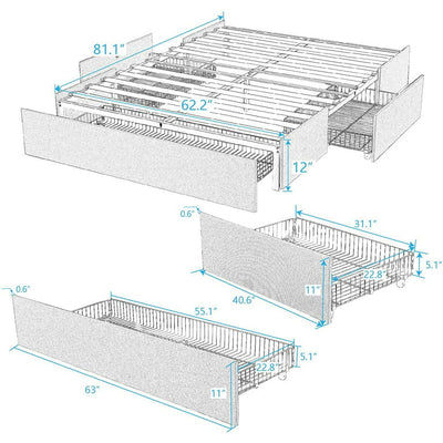 Amolife Upholstered Queen Platform Bed Frame with 3 Storage Drawers and Wooden Slats, No Box Spring Needed, Dark Grey**New in box**