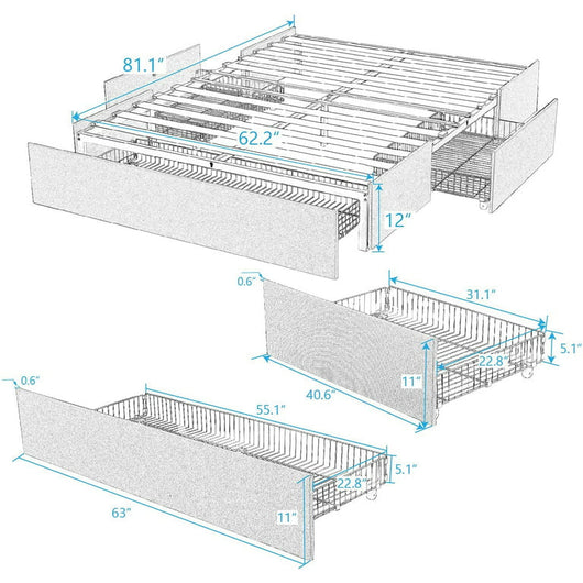 Amolife Upholstered Queen Platform Bed Frame with 3 Storage Drawers and Wooden Slats, No Box Spring Needed, Dark Grey**New in box**