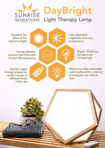 Sunrise Sensations - DayBright Light Therapy Lamp Full Spectrum, 10,000 LUX, UV-Free, Full Size, Adjustable Light Crafted from Solid Wood- new in box