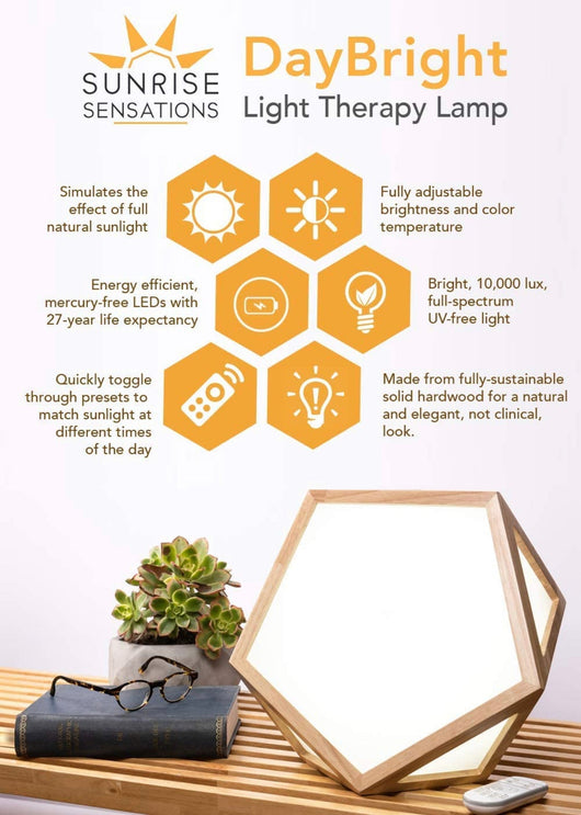 Sunrise Sensations - DayBright Light Therapy Lamp Full Spectrum, 10,000 LUX, UV-Free, Full Size, Adjustable Light Crafted from Solid Wood- new in box