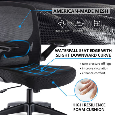 KERDOM Ergonomic Office Chair, Breathable Mesh Desk Chair, Lumbar Support Computer Chair with Wheels and Flip-up Arms, Swivel Task Chair BIFMA Passed, Adjustable Height Home Gaming Chair**New and assembled**