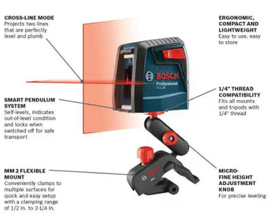 Bosch 30 ft. Cross Line Laser Level Self Leveling with 360 Degree Flexible Mounting Device and Carrying Pouch!! NEW IN BOX!!