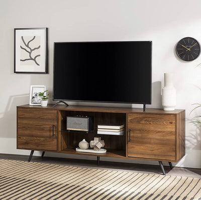 Walker Edison Saxon - TV stand with glass shelf, 2-door, mid-century modern style, for TVs up to 80 inches, 70 inches, dark walnut!  -Brand new in the box