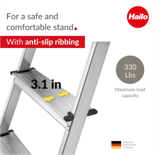 Hailo L60 StandardLine | Aluminum Folding Stepladder | Eight Steps | Integrated Multifunctional Storage Tray | Stable tie bar Guide | Patented HAILO Hinge Protection | Rustproof | Silver (9204016006)**New**