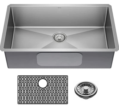 DELTA FAUCET Delta Lenta 32-inch Undermount 16 Gauge Stainless Steel Single Bowl Kitchen Sink with Accessories, Satin!! NEW IN BOX, MINOR BENT CORNER(PHOTOS SHOWN)!!