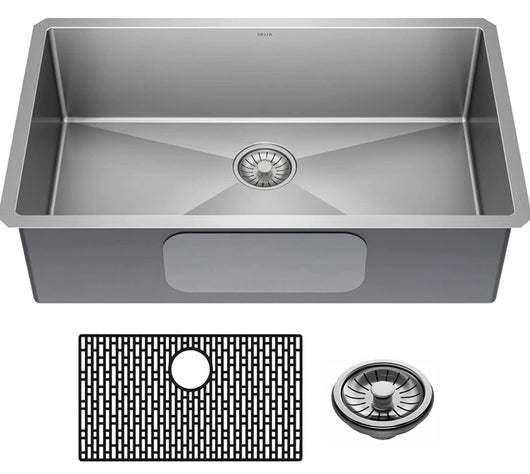 DELTA FAUCET Delta Lenta 32-inch Undermount 16 Gauge Stainless Steel Single Bowl Kitchen Sink with Accessories, Satin!! NEW IN BOX, MINOR BENT CORNER(PHOTOS SHOWN)!!