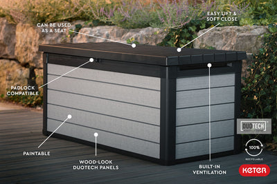 Keter Denali 150 Gallon Resin Large Deck Box-Organization and Storage for Patio Furniture, Outdoor Cushions, Garden Tools , Pool Toys, Grey & Black**New in box**