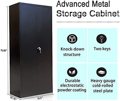 Metal Storage Cabinet with 2 Doors and 4 Shelves, Lockable Steel Storage Cabinet for Office, Garage, Warehouse, 70.86" H x 31.5" W x 15.75" D new in box