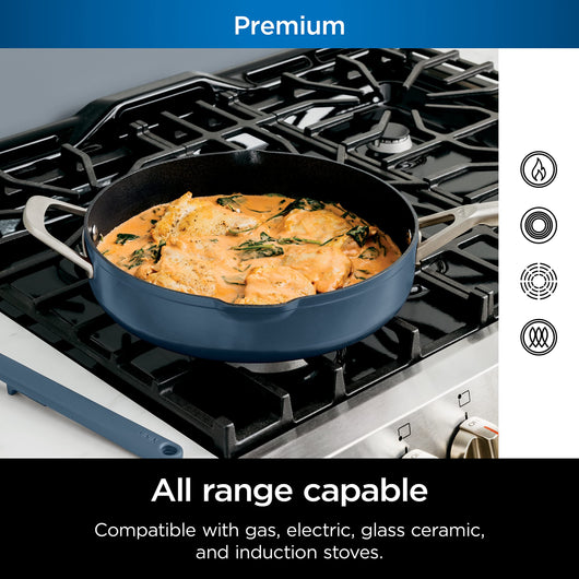 Ninja CW102BL Foodi NeverStick PossiblePan, Premium Set with 4-Quart Capacity Pan, Steamer/Strainer Basket, Glass Lid & Integrated Spatula, Nonstick, Durable & Oven Safe to 500°F, Macaron Blue**New in box**