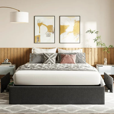 Amolife Upholstered Queen Platform Bed Frame with 3 Storage Drawers and Wooden Slats, No Box Spring Needed, Dark Grey**New in box**