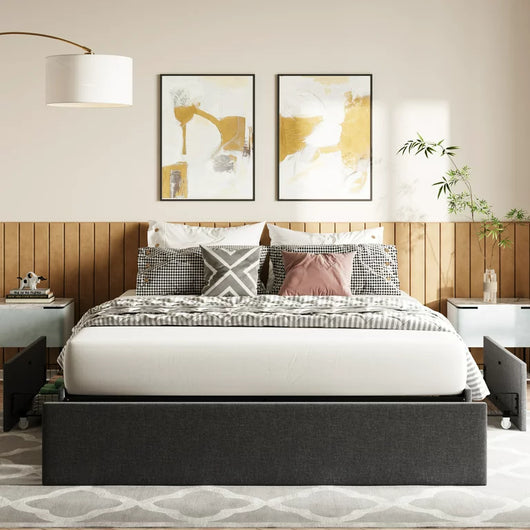 Amolife Upholstered Queen Platform Bed Frame with 3 Storage Drawers and Wooden Slats, No Box Spring Needed, Dark Grey**New in box**