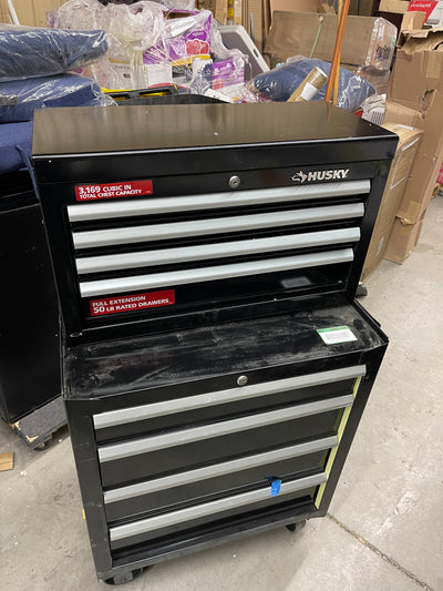 Husky 26” 8 drawer tool chest and cabinet - new but had a difficult journey to the Big Catch store-  includes keys for upper and lower sections