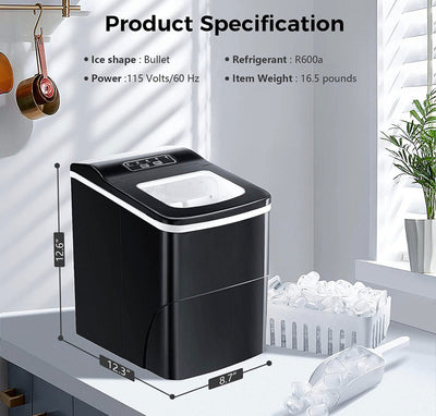 AGLUCKY Countertop Ice Maker Machine, Portable Ice Makers Countertop, Make 26 lbs ice in 24 hrs,Ice Cube Rready in 6-8 Mins with Ice Scoop and Basket (Black)- NEW OUT OF BOX!!!