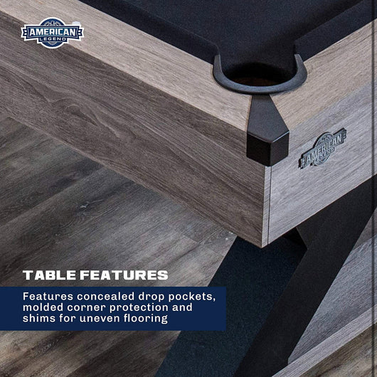American Legend Kirkwood - 90-inch billiard table with rustic finish, K-shaped legs and black cloth, Brown!  -Brand new in the box (Assembly is required)  -Must bring truck or trailer for pick up!
