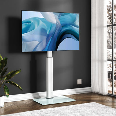 FITUEYES TV Stand with Wheels and Wooden Base for TVs up to 60", White**New in box**