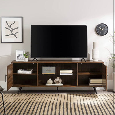 Walker Edison Saxon - TV stand with glass shelf, 2-door, mid-century modern style, for TVs up to 80 inches, 70 inches, dark walnut!  -Brand new in the box
