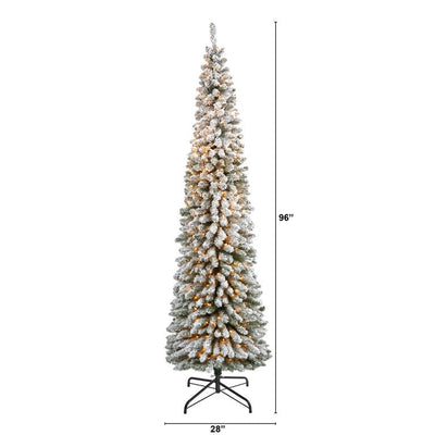 Nearly Natural 8ft. Flocked Pencil Artificial Christmas Tree with 500 Clear Lights and 646 Bendable Branches**New in box**