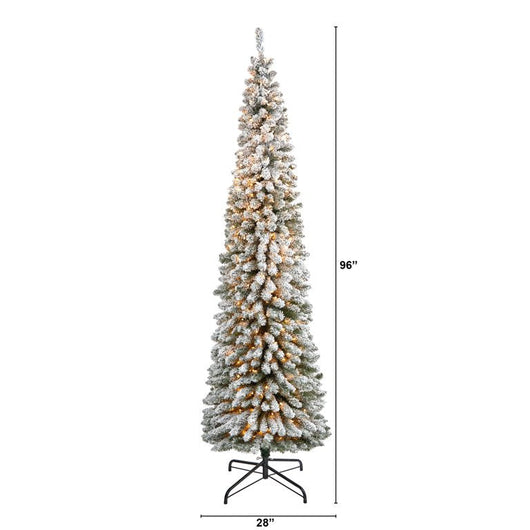 Nearly Natural 8ft. Flocked Pencil Artificial Christmas Tree with 500 Clear Lights and 646 Bendable Branches**New in box**