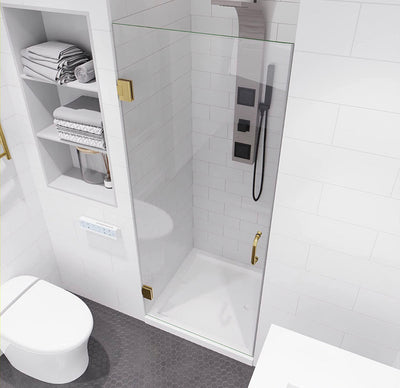 72 x 24 inch Frameless Shower Door in Brushed Gold | Fellow Water Repellent Glass Shower Door with Seal Strip Parts and Handle | 3/8 inch Glass Hinged Shower Door with Handle- NEW IN BOX!!!