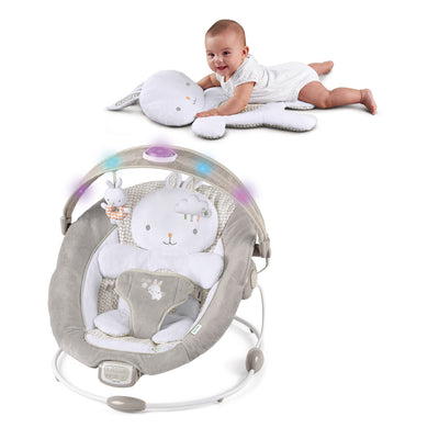 Ingenuity InLighten Baby Bouncer Seat with Light Up Bar and Bunny Tummy Time Pillow Mat - Twinkle Tails, Newborn and up**New in box**