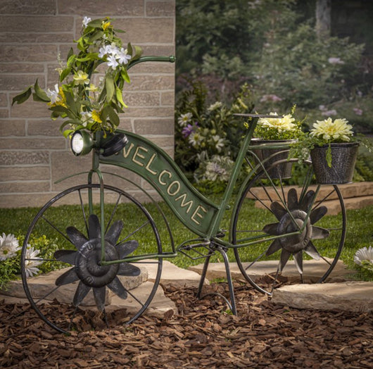 Gerson 37-Inch Long Solar-Powered Metal Antique-Style Bicycle Plant Stand with Wind Spinner Spokes- NEW AND ASSEMBLED!!!