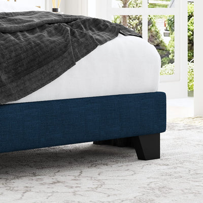 Allewie Queen Size Platform Bed Frame with Wingback / Fabric Upholstered Square Stitched Headboard and Wooden Slats / Mattress Foundation / Easy Assembly, Navy Blue**New in box**