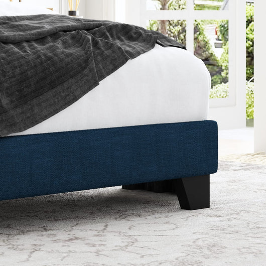 Allewie Queen Size Platform Bed Frame with Wingback / Fabric Upholstered Square Stitched Headboard and Wooden Slats / Mattress Foundation / Easy Assembly, Navy Blue**New in box**