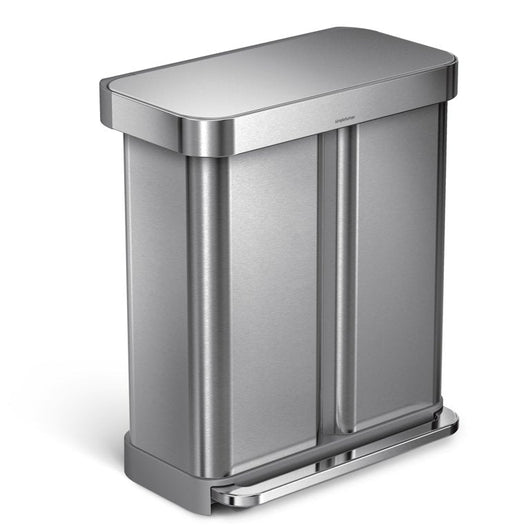 simplehuman 15.3 gal Stainless Steel Dual Compartment Recycler Kitchen Step Trash Can, Brushed**New,minor dents from shipping**