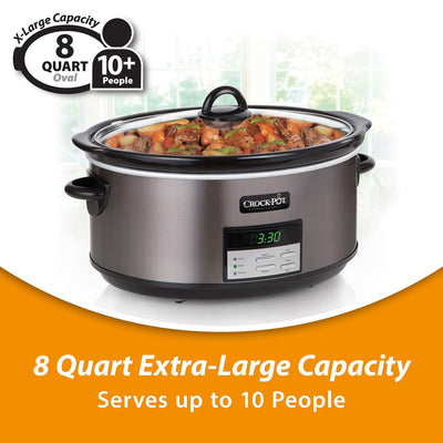 Crockpot 8 Quart Slow Cooker with Auto Warm Setting and Cookbook, Black Stainless Steel**New in box**