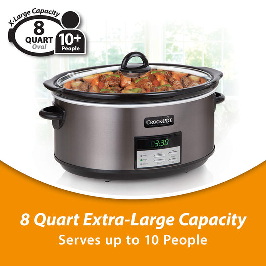 Crockpot 8 Quart Slow Cooker with Auto Warm Setting and Cookbook, Black Stainless Steel**New in box**