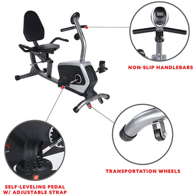 Sunny Health & Fitness Stationary Magnetic Workout Recumbent Exercise Cycle Bike, Adjustable Seat, 300 Lb Max Capacity!! NEW IN BOX!!