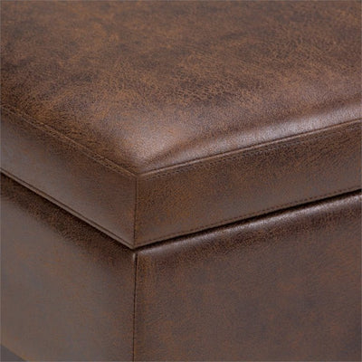 Simpli Home Owen Faux Air Leather Square Coffee Table Ottoman in Chestnut Brown**New and assembled,minor alignment issue shown in photo**